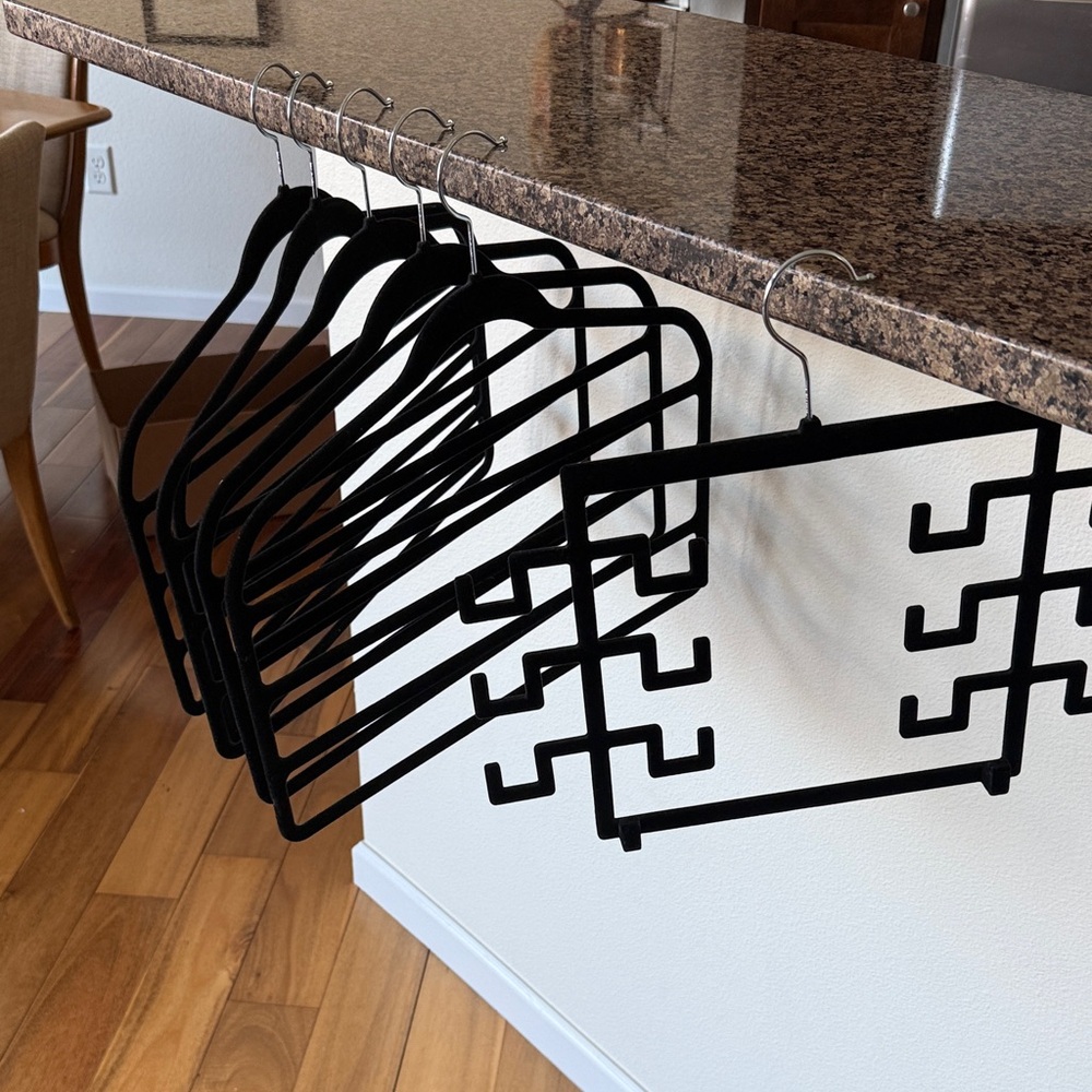 Velvet covered pants hangers (5) & a scarf/belt holder